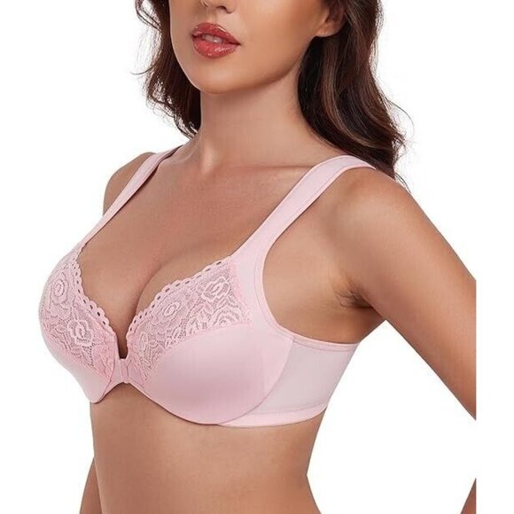 Exclare Women's Front Closure Lace Underwire Wide Shoulder Straps Bra Pink 36D - Picture 2 of 7
